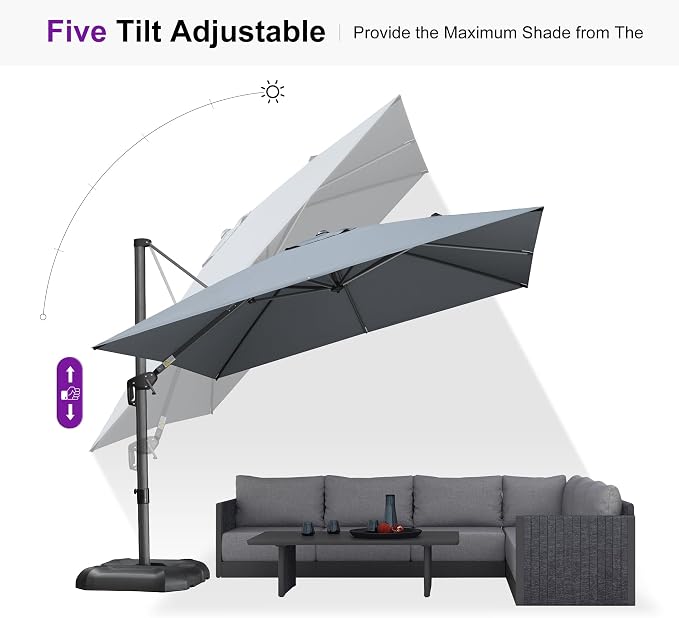 PURPLE LEAF Patio Umbrella Outdoor 10' x 10' Square Easy Setup Light Grey | - Image 6