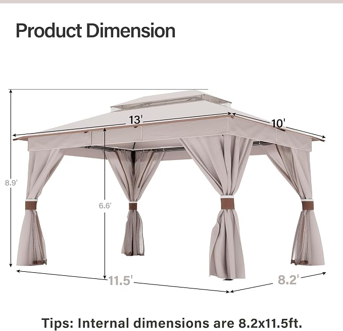 10'x13' Outdoor Gazebo with 50FT String Lights, Metal Heavy Duty Patio Canopy - Image 2