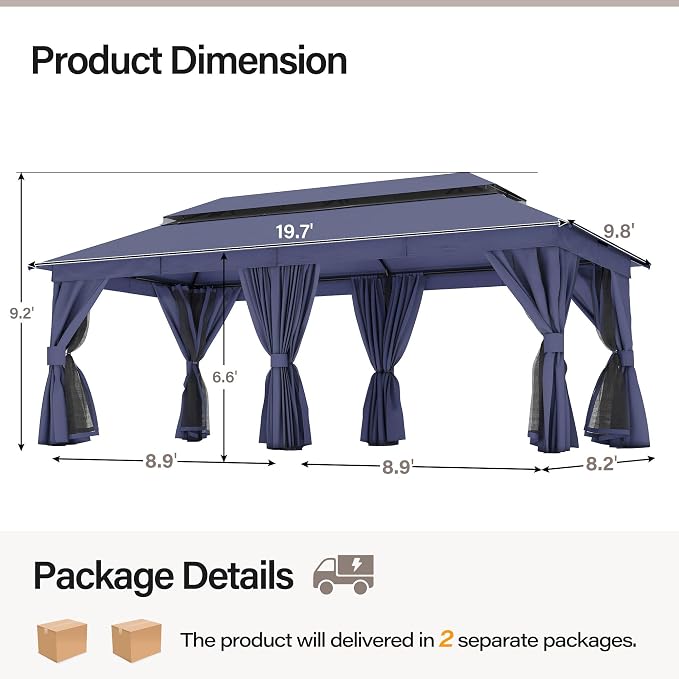 10'x20' Outdoor Gazebo with 100FT String Lights, Metal Heavy Duty Patio Canopy - Image 2