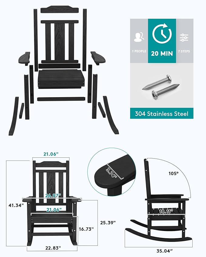 SERWALL HDPE Oversized Outdoor Rocking Chairs Set of 6, Patio Rocker, All - Image 2