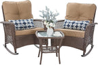 Patio Furniture Set 3 Pieces, Wicker Outdoor Rocking Bistro Set, Khaki | VONZOY by VonzoyHome