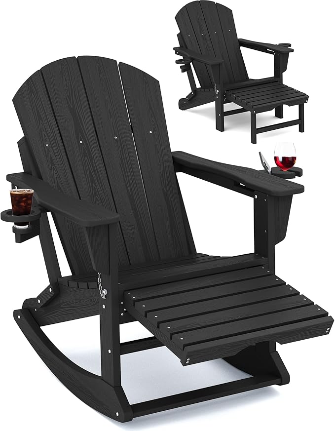 Adirondack Rocking Chair with Ottoman and Cup Holders | HDPE Porch Rocker by KINGYES