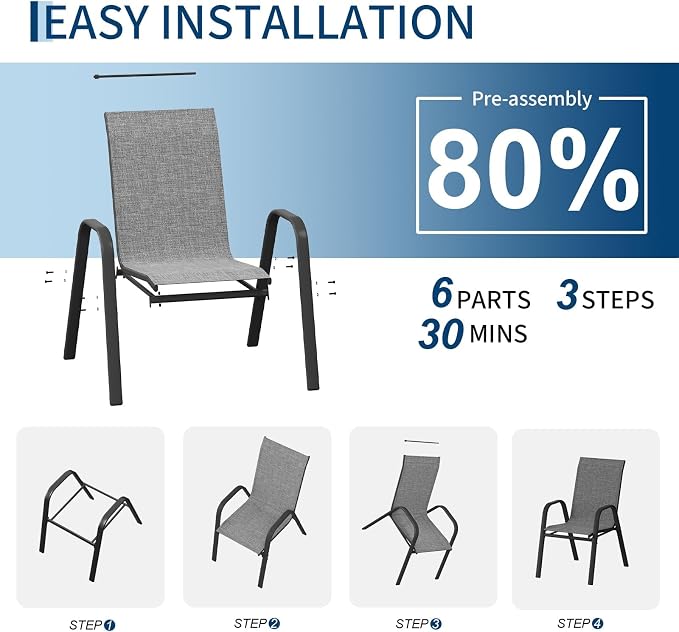 Stackable Outdoor Patio Dining Chairs Set of 6 – High Back Armchairs, - Image 6