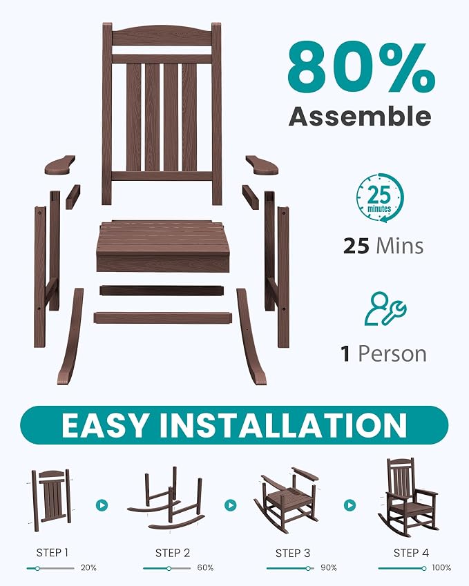 SERWALL Rocking Chair Outdoor, Oversized HDPE Patio Rocking Chairs, Coffee | - Image 8