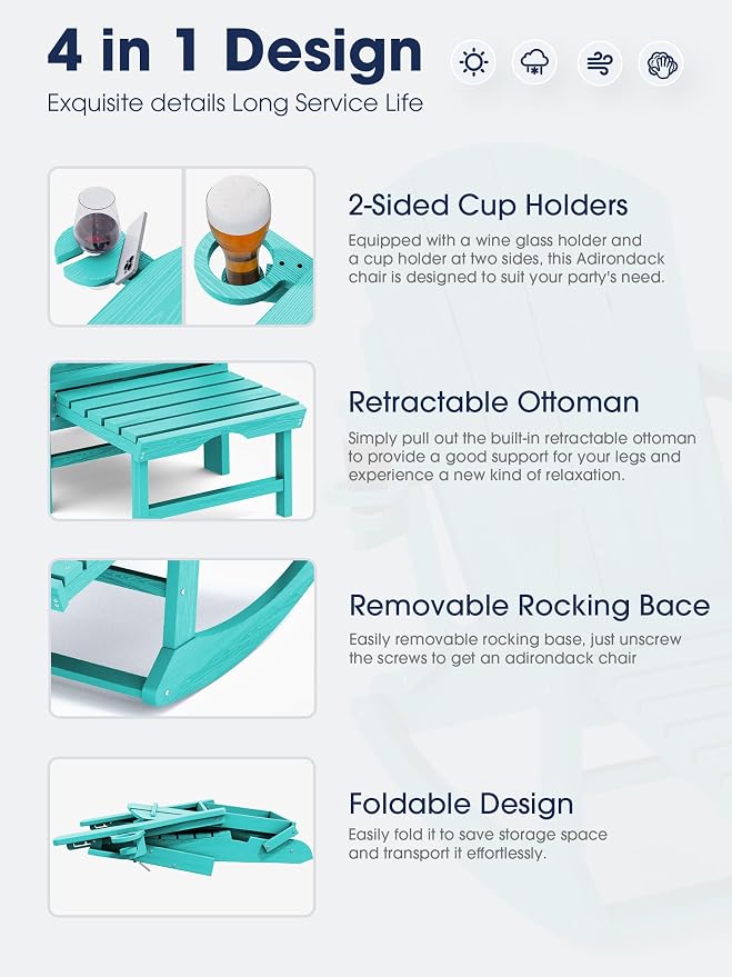 Adirondack Rocking Chair with Ottoman and Cup Holders | HDPE Porch Rocker - Image 4