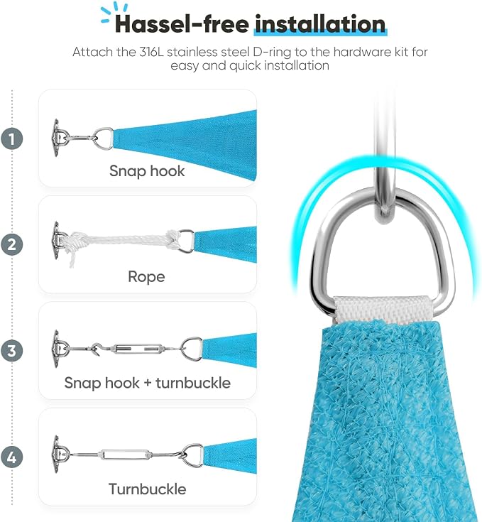 Quictent Sun Shade Sail for Patio w/Hardware Kit 185GSM 20x20ft Turquoise | - Image 5