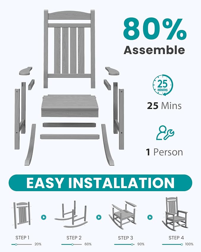 SERWALL Rocking Chair Outdoor, Oversized Patio Rocking Chairs, Light Gray | - Image 8