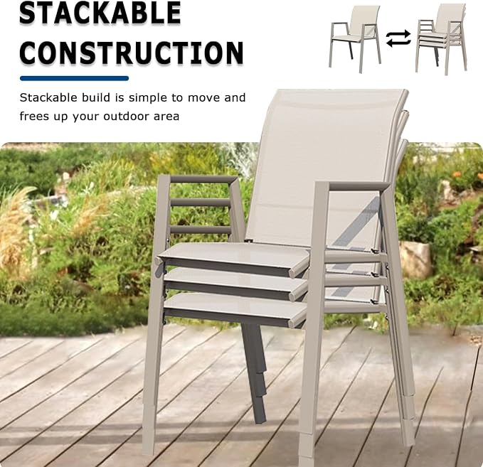 Outdoor Patio Chairs Set of 4, Ivory Beige Stackable Outdoor Chairs, - Image 3