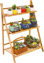 Ufine Bamboo Ladder Plant Stand 3 Tier Foldable Flower Pot Display Shelf | by Ufine