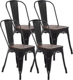 FDW | Metal Dining Chairs with Wooden Seat | Set of 4 | Black | Stackable Tolix by FDW