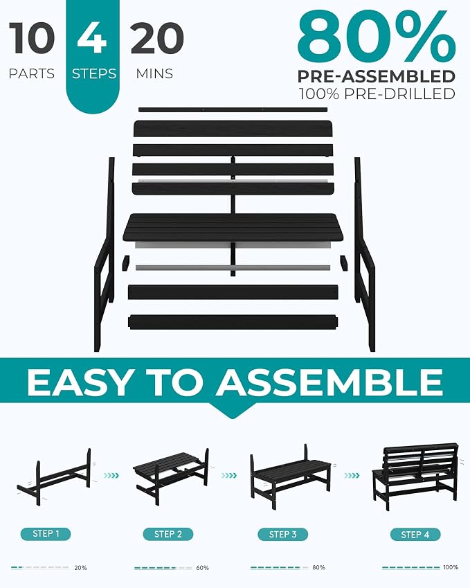 SERWALL Armless Outdoor Bench, All Weather HDPE Porch Bench, 1 Pack, Suitable - Image 8