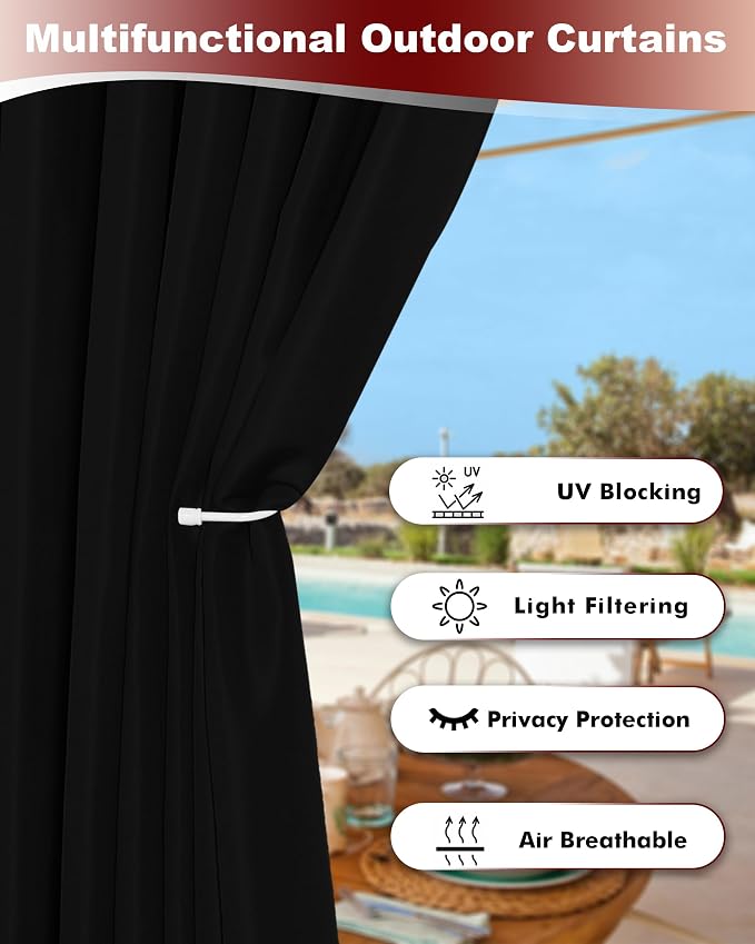 Grommet Outdoor Curtains for Patio Waterproof 8 Pcs 54x108 In Black | - Image 3