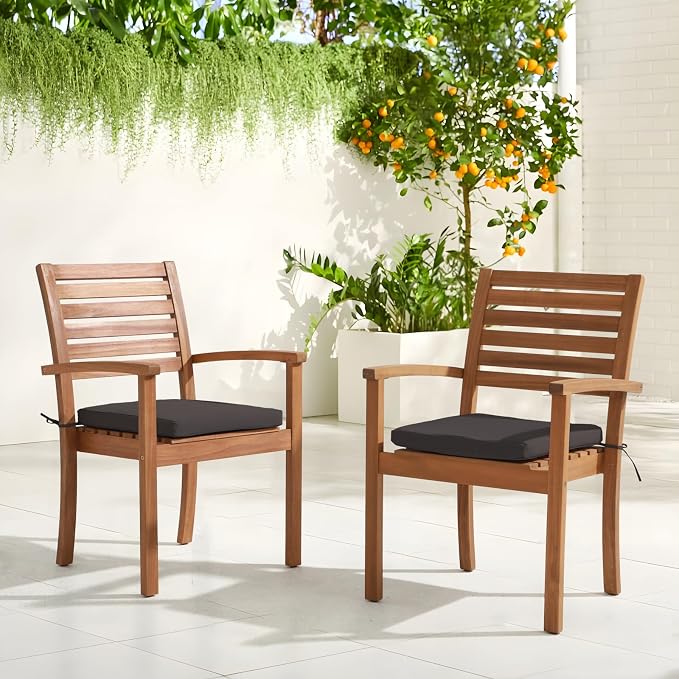 Stackable Patio Dining Chairs Set of 8, Dark Grey | Outdoor Acacia Wood Chairs - Image 2