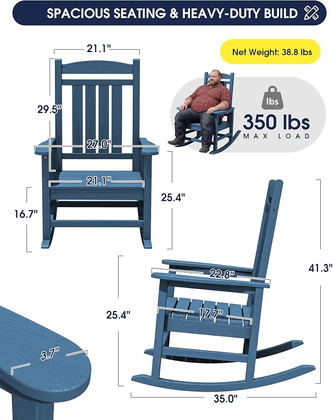 Oversized Outdoor Rocking Chairs Set of 6, HDPE Porch Rockers - Image 2