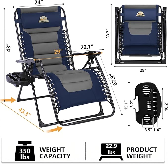 Colegence Oversized Padded Zero Gravity Chair, 400 lb, 0-170° locking recline - Image 3