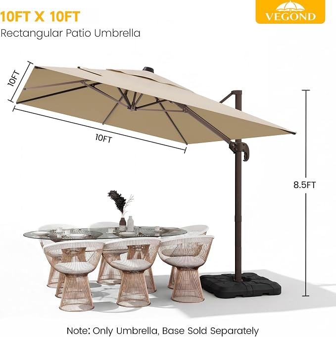 10x10 FT Patio Cantilever Umbrella, Rectangular Heavy Duty Offset Umbrella - Image 2