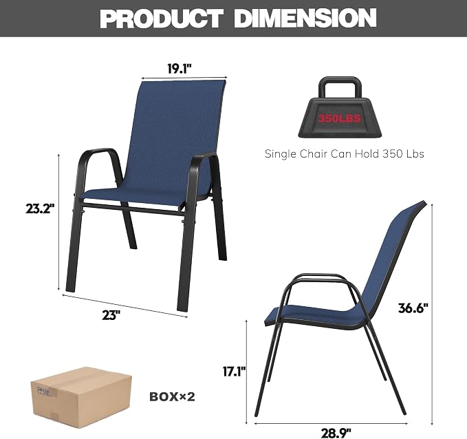 Navy Patio Chairs Set of 6, Stackable Outdoor Dining Chairs - Image 2