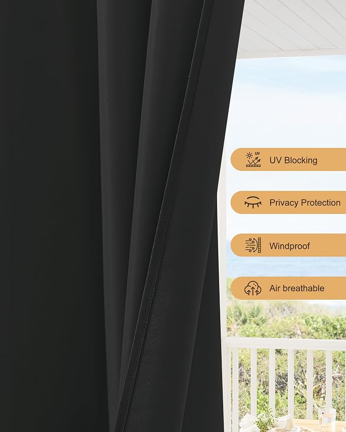 Outdoor Curtains for Patio Waterproof Rod Pocket 8 Pcs 54x95 Inch Black | - Image 4