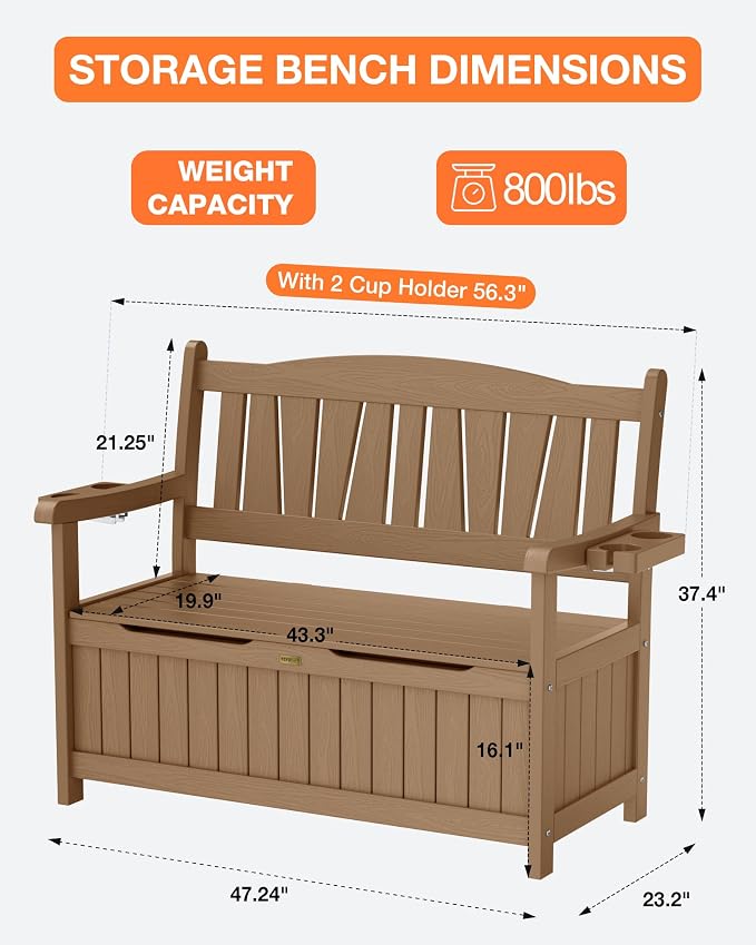 YEFU Outdoor Bench Set of 2, Heavy Duty Garden Storage Bench, Teak | HIPS - Image 2