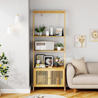 Bookcase with Drawers, 4-Tier Bamboo Bookshelf Ladder Shelf with 6 Hooks - Image 5