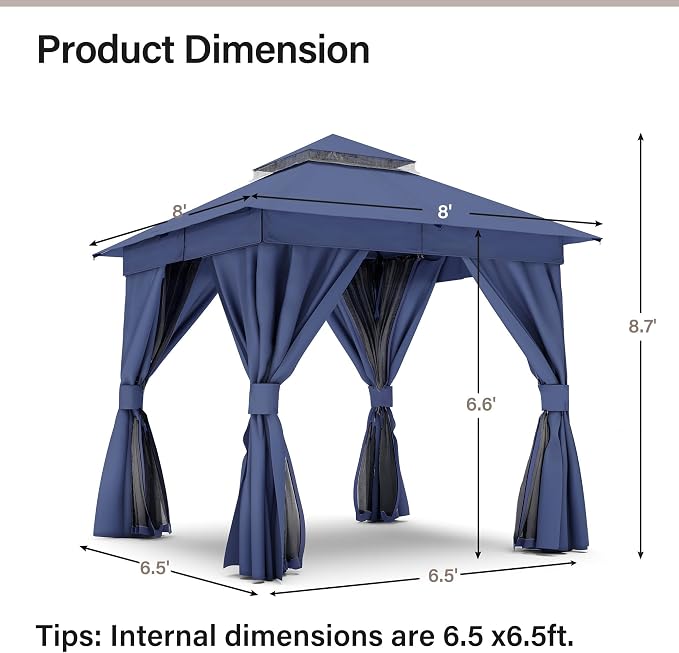 8'x8' Outdoor Gazebo with 50FT String Lights, Metal Heavy Duty Patio Canopy - Image 2
