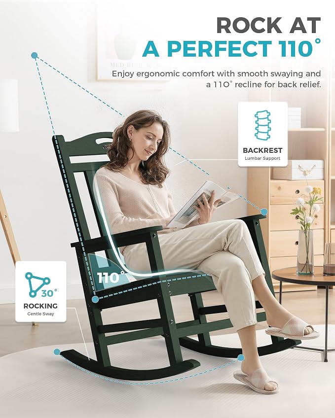 Oversized Outdoor Rocking Chair, High Back Patio Rockers, Deep Green | - Image 4