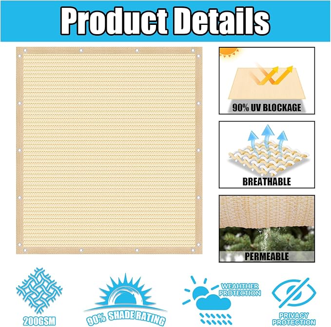 Amagenix 90% Pergola Shade Cover 15' X 15' Sun Shade Cloth - Image 3