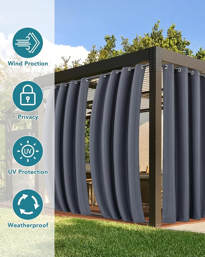 Windproof Outdoor Curtains for Patio Waterproof 4 Pcs 54x108 In Grey | Grommet - Image 3