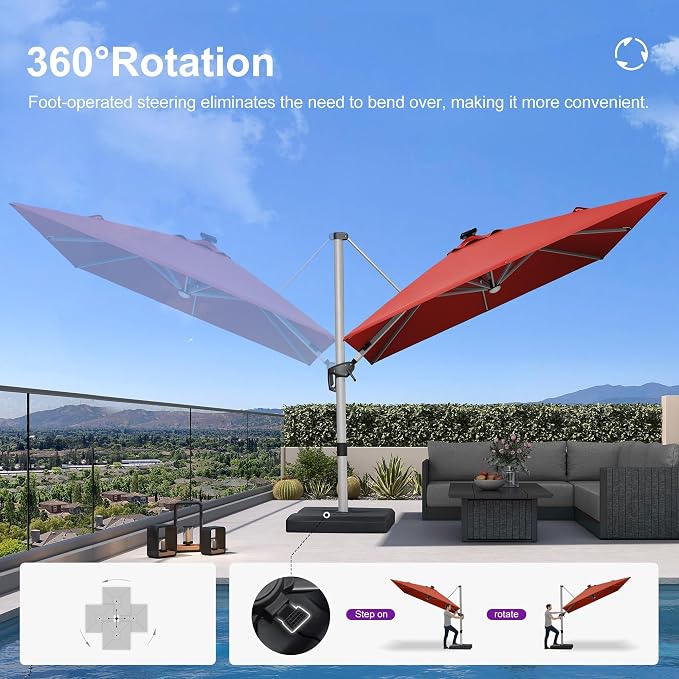 PURPLE LEAF Cantilever Umbrella 9' X 12' Solar LED Light Patio, Brick Red | - Image 6