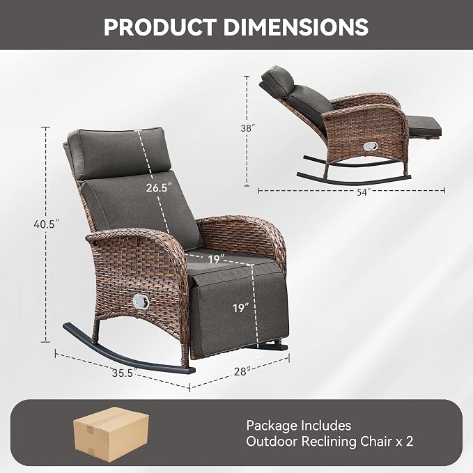 Zero Gravity Patio Rocking Wicker Recliner Chairs Set of 2- Wicker Outdoor - Image 2