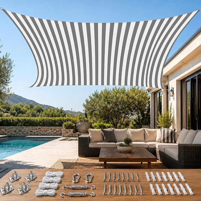 Quictent Sun Shade Sail for Patio w/Hardware Kit 185GSM 20x20ft White&Grey | by QUICTENT