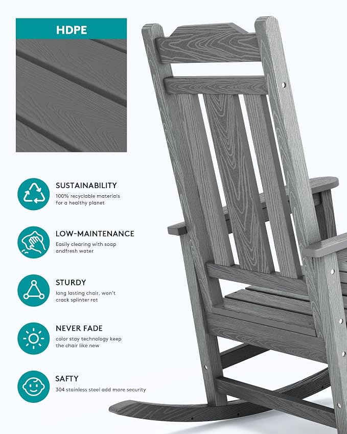 SERWALL Outdoor Rocking Chairs Set of 2, Oversized Patio Rocker Unique Gray | - Image 8