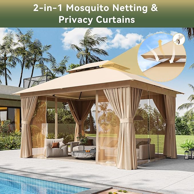 12'x10' Gazebo with Light, Outdoor Gazebo with Double Roofs | Metal Frame Canopy - Image 6