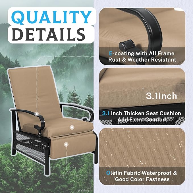 Incbruce 3 Pieces Outdoor Lounge Recliner Set, 2 Adjustable Metal Recliner Sofa - Image 5