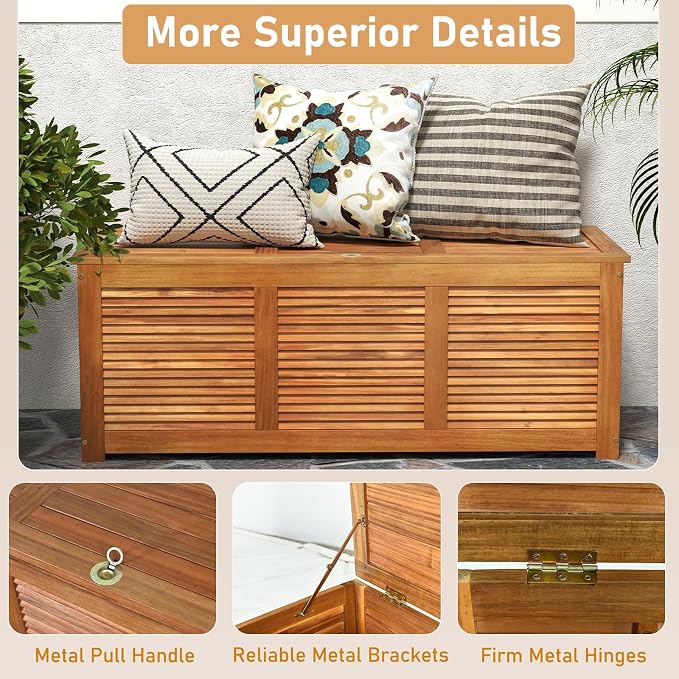 DREAMADE 47 Gallon Deck Box, Acacia Wood Outdoor Storage Bench, Natural | Patio - Image 7