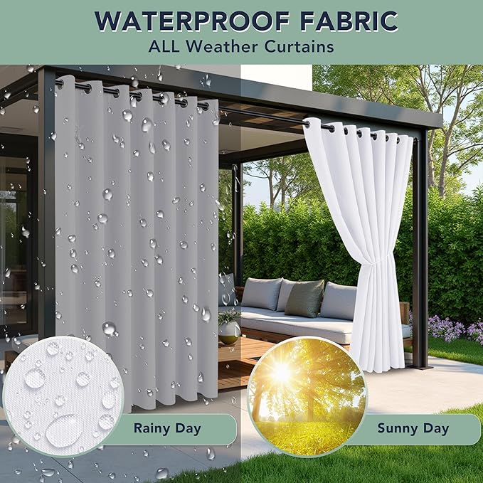 White Outdoor Curtains for Patio Waterproof, 8 Drape Panels | Privacy & - Image 2