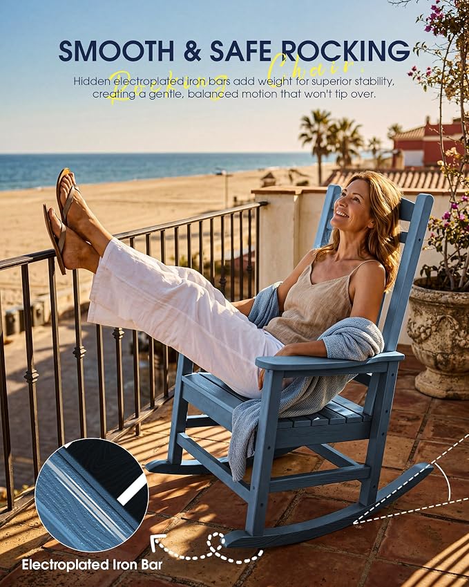 Oversized Outdoor Rocking Chairs Set of 4, Porch Rocker Unique Blue | - Image 7