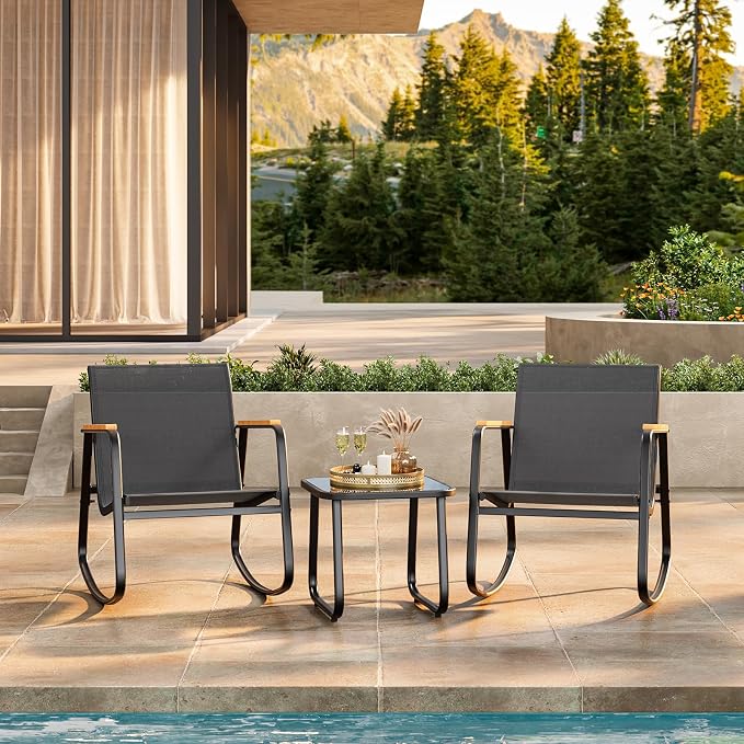 3 Pieces Patio Furniture Set Textilene Outdoor Rocking Set, A Tempered Glass - Image 9