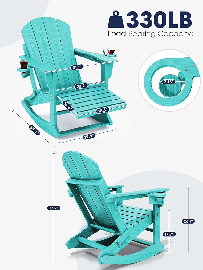 Adirondack Rocking Chair with Ottoman and Cup Holders | HDPE Porch Rocker - Image 3
