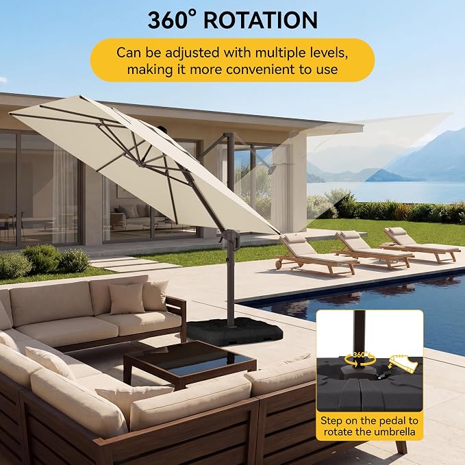 10x10FT Cantilever Outdoor Umbrella, 360° Rotating Large Offset Square Patio - Image 6