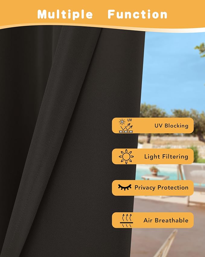 Outdoor Curtains for Patio Waterproof 2 Pcs 54x108 Inch Chocolate | Poolside - Image 3