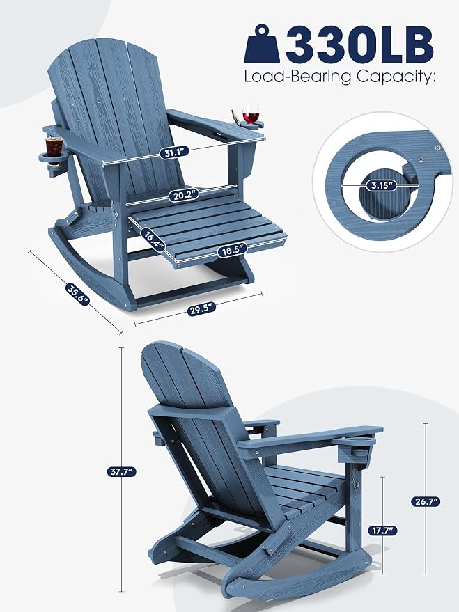 Adirondack Rocking Chair with Ottoman and Cup Holders | HDPE Porch Rocker - Image 2