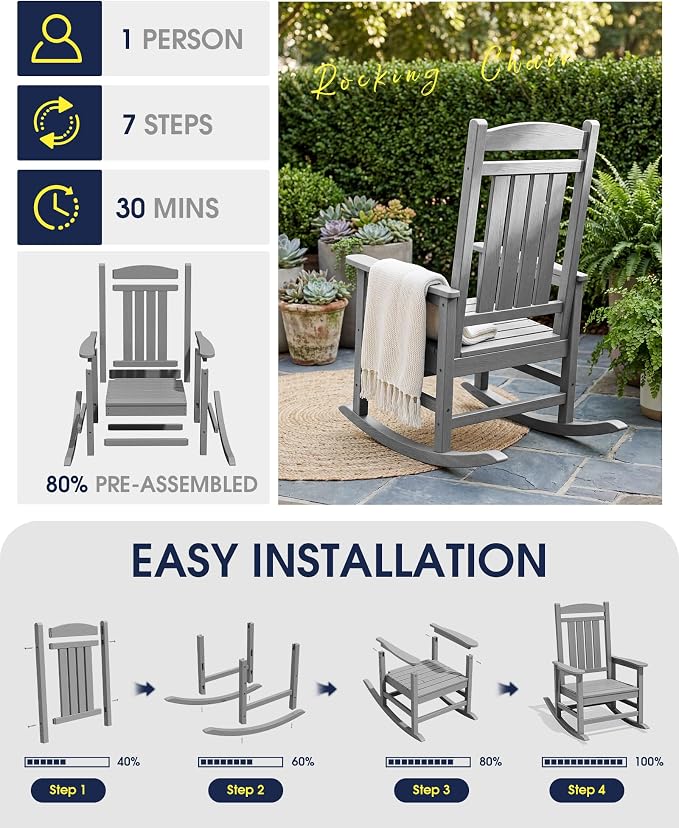 Oversized Outdoor Rocking Chair Set of 6, Porch Rockers, Light Gray | - Image 8