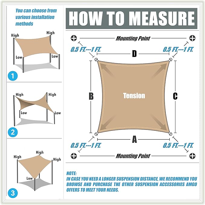 Amgo Custom Size 15' x 17' Beige Rectangle Square Sun Shade Sail UPF50+ - Image 6