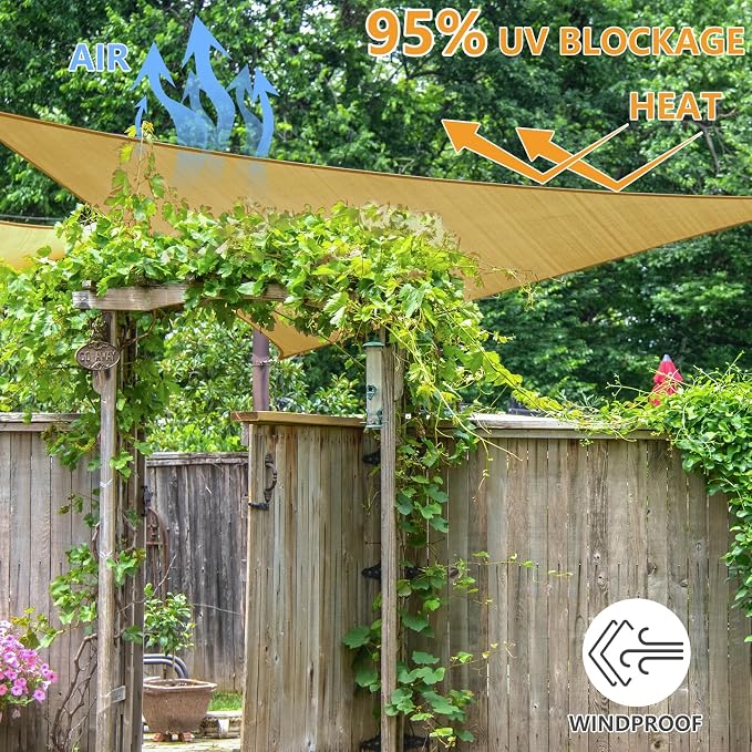 12 'x 12' x 12' Triangle Sun Shade Sail, 185 GSM HDPE, Sand | 95% UV block - Image 6