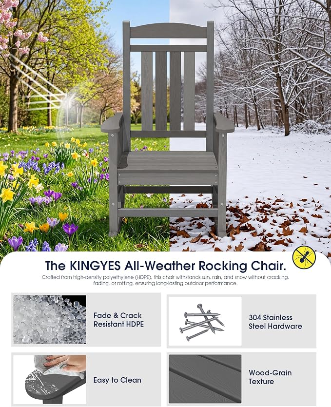 Oversized Outdoor Rocking Chairs Set of 2, Porch Rocker Unique Gray | - Image 5