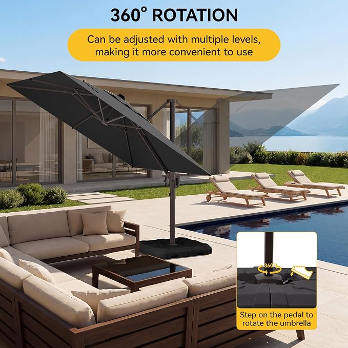 10x10FT Cantilever Outdoor Umbrella, 360° Rotating Large Offset Square Patio - Image 6