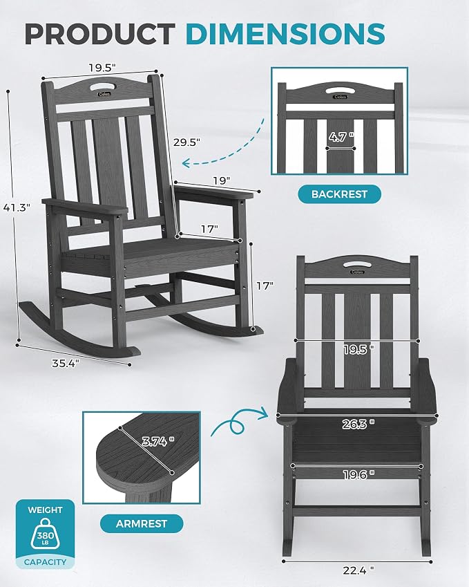 Oversized Outdoor Rocking Chairs Set of 4, 380lbs Heavy-Duty Large Patio Rocker - Image 3