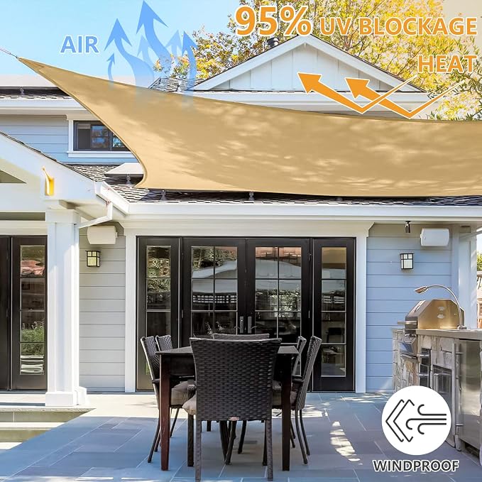 12' x 12' Rectangle Sun Shade Sail, 185 GSM HDPE, Sand | 95% UV block, - Image 6