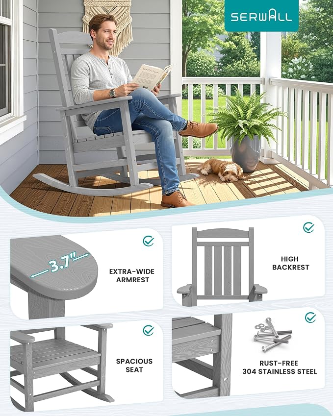 SERWALL Rocking Chair Outdoor, Oversized Patio Rocking Chairs, Light Gray | - Image 7